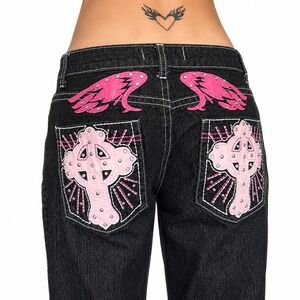 Disclosure Jeans Dark Wash Pink Cross Wing Rhinestone Y2K Straight Leg
